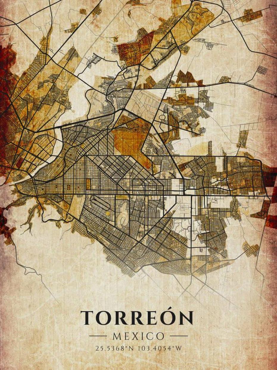 Torreon Vintage Map Poster – Winter Museo, Torreón, Mexico, Meksika, Juarez Mexico