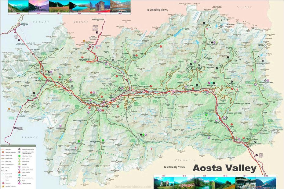 Aosta Valley Road Map, Aosta, Italy, Aosta City, Courmayeur Italy