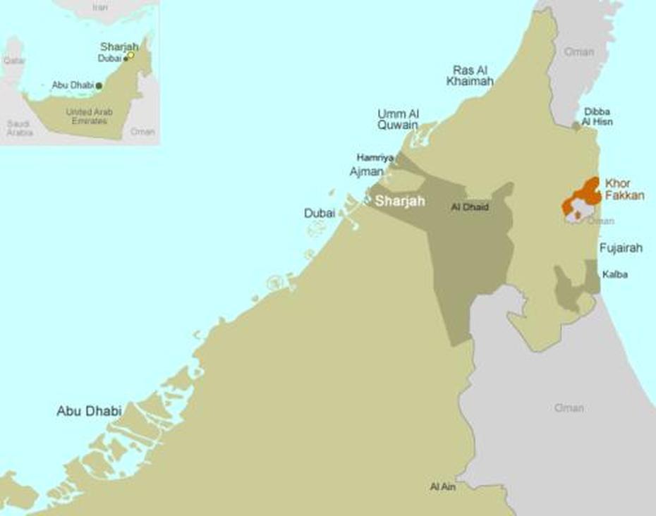 Map: Khor Fakkan At The East Coast Of Sharjah, Khawr Fakkān, United Arab Emirates, United Arab Emirates  Of Seven, Countries In United Arab Emirates