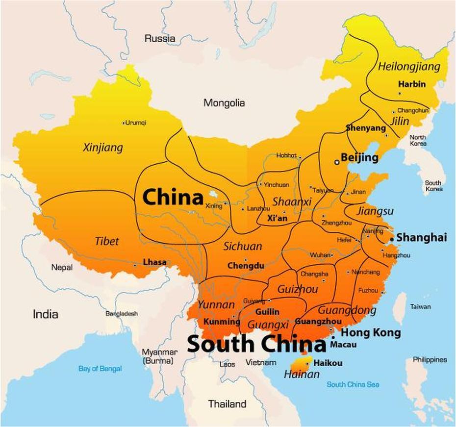 South China Map Showing Attractions & Accommodation, Suohe, China, China  With Flag, Of China With Cities