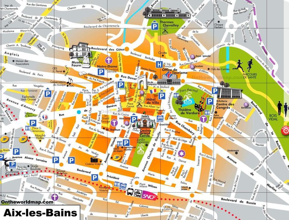 Aix-Les-Bains Sightseeing Map, Aix-Les-Bains, France, Brides -Les-Bains, Les Bains Hotels