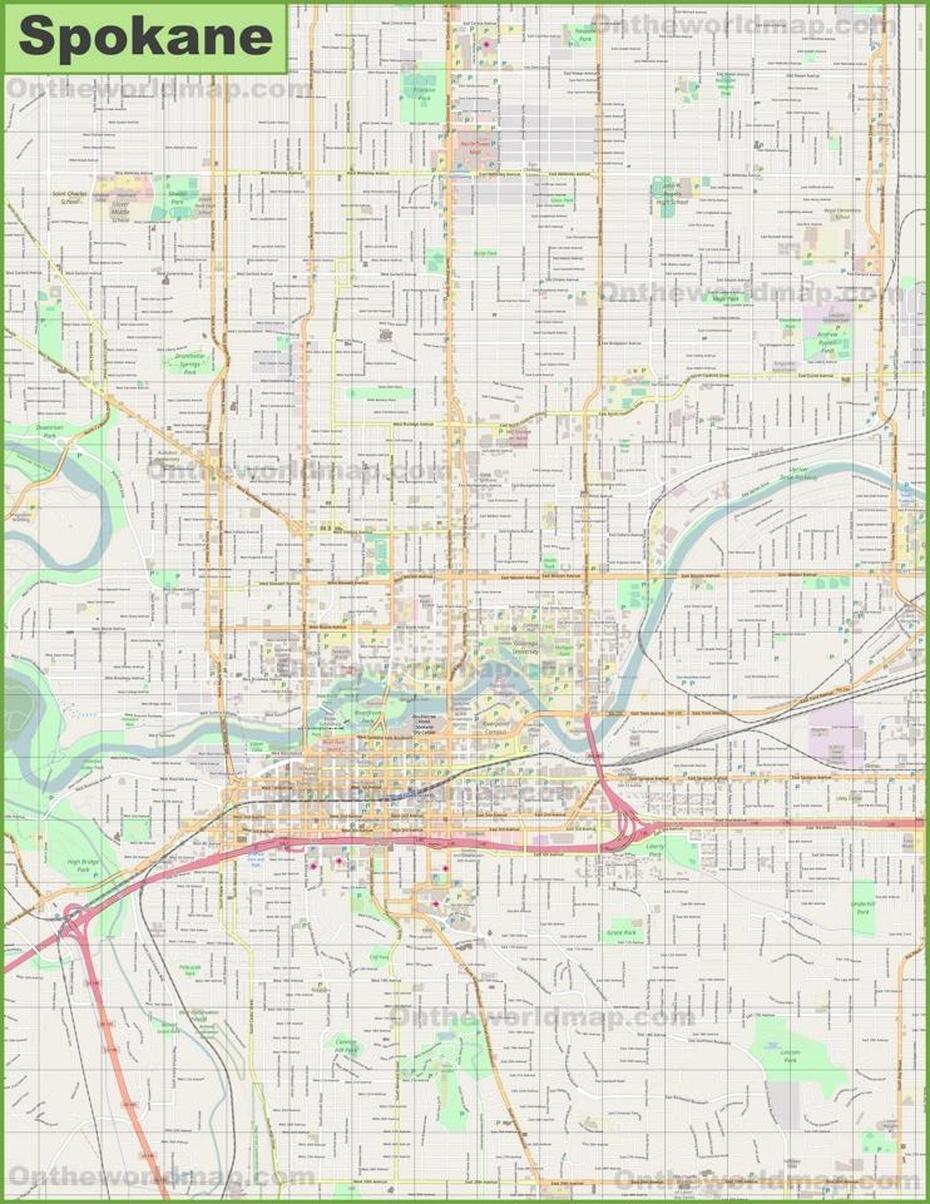 Large Detailed Map Of Spokane, Spokane, United States, Spokane, United States