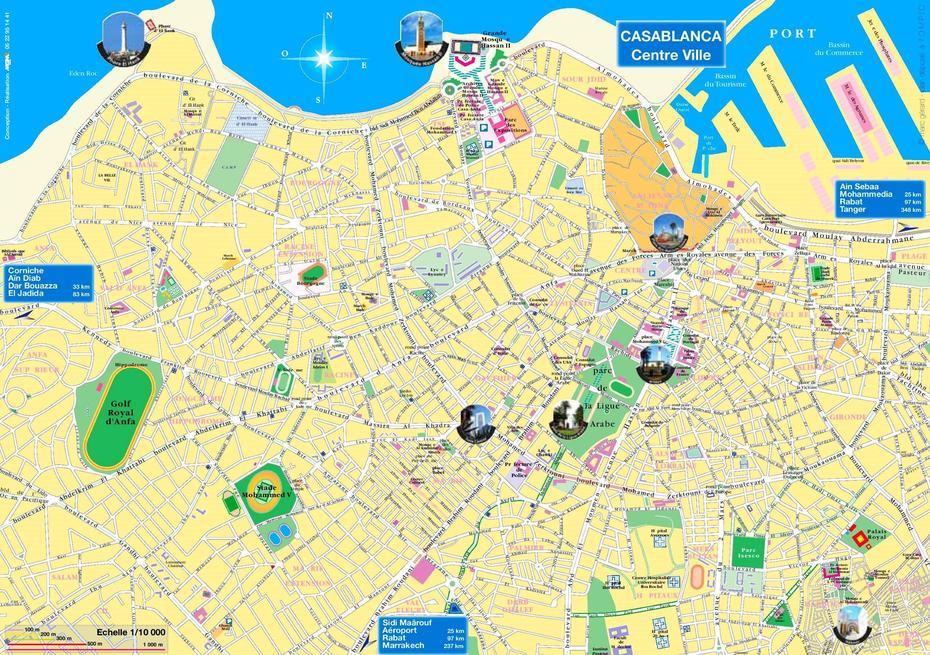 Map Of Casablanca Tourist: Attractions And Monuments Of Casablanca, Casablanca, Morocco, Morocco In, Fez Morocco