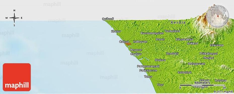 Physical Panoramic Map Of Calicut, Calicut, India, Kozhikode India, Zamorin