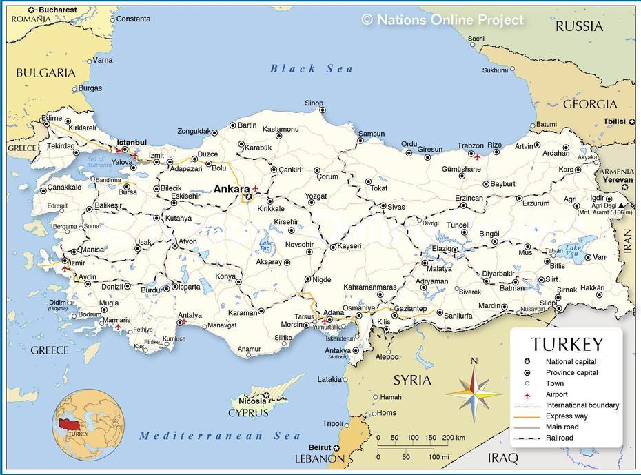 Turkey  Outline, Turkey  With Cities, Center, Yerköy, Turkey