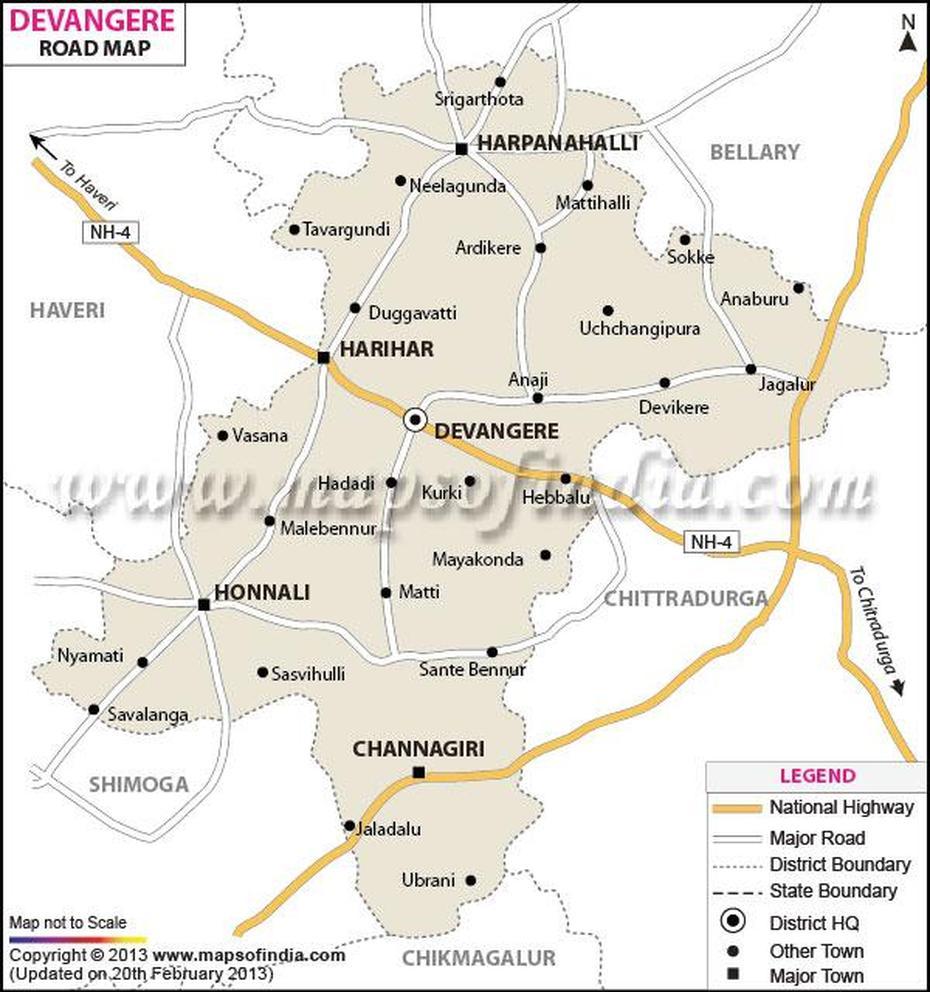 Davangere Road Map, Davangere, India, Bellary, Tungabhadra