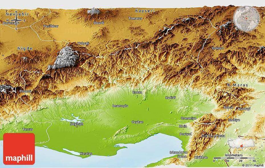 Physical Panoramic Map Of Adana, Adana, Turkey, Adana Airport, Antakya Turkey