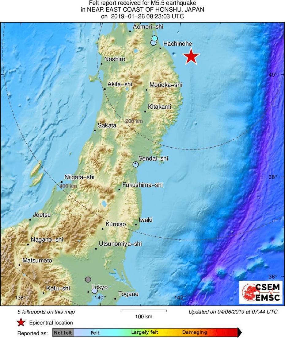 2019-01-26 Mw 5.5 Near East Coast Of Honshu, Japan, Honchō, Japan, Natto, Takamatsu  City