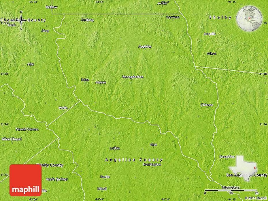 Physical Map Of Nacogdoches County, Nacogdoches, United States, Nacogdoches City, Nacogdoches Texas