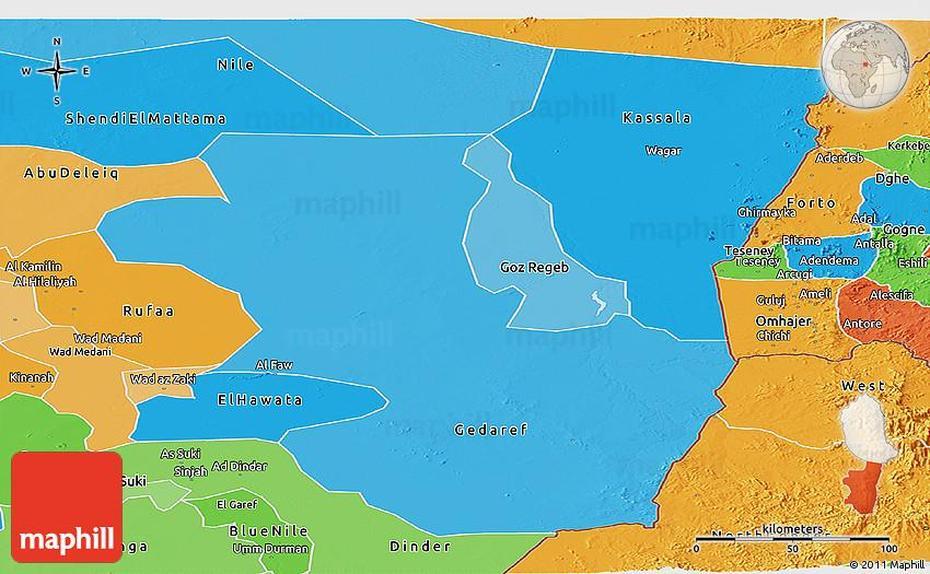 Political Shades Panoramic Map Of Kassala, Kassala, Sudan, South Sudan World, Sudan Sahel