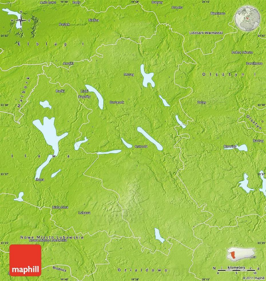 Physical Map Of Ostroda, Ostróda, Poland, Szczecin Poland, Warmia
