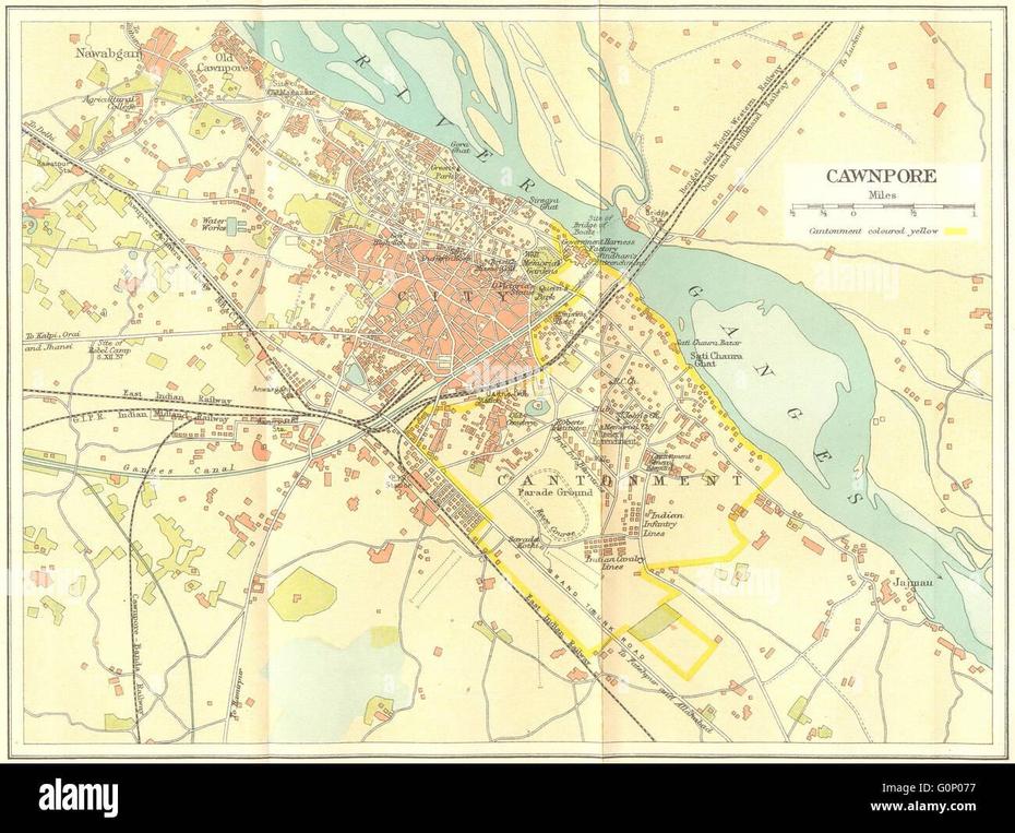 British India: Cawnpore (Kanpur) City Plan Showing Cantonment, 1924 Old …, Cawnpore, India, Nana Rao  Park, Indian Mutiny 1857 Atrocities