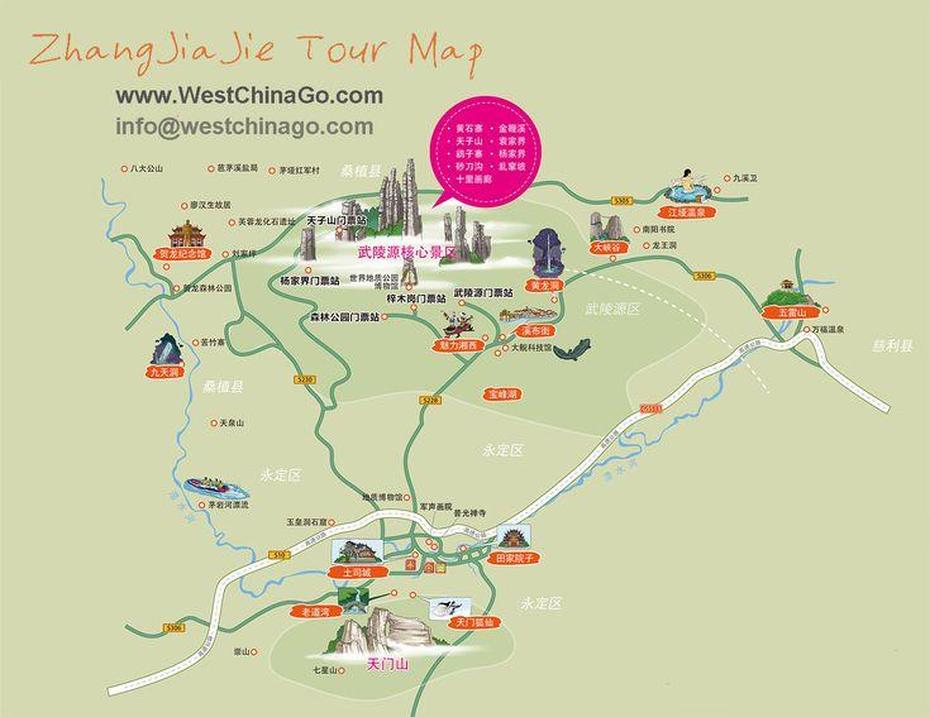 Zhangjiajie Tour Map, Travel Guide Www.Westchinago Info@Westchinago, Zhangjiajie, China, Zhangjiajie City, Hunan Province China