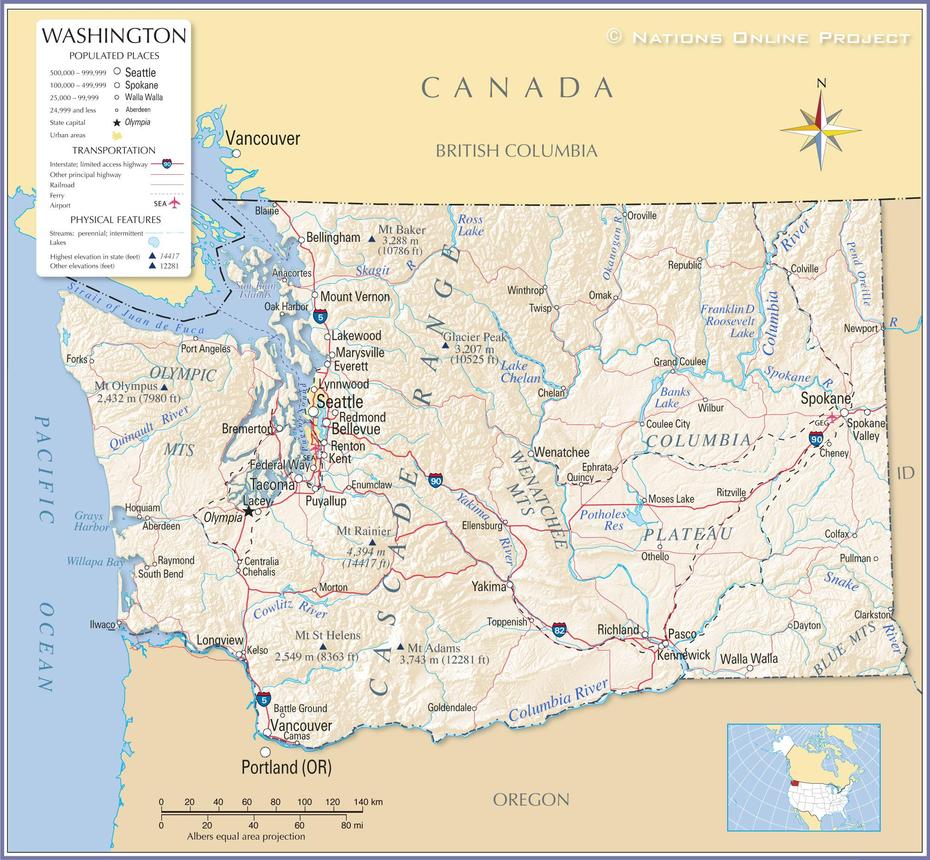 Reference Maps Of State Of Washington, Usa – Nations Online Project, Washington, United States, United States  Dc, Washington Usa