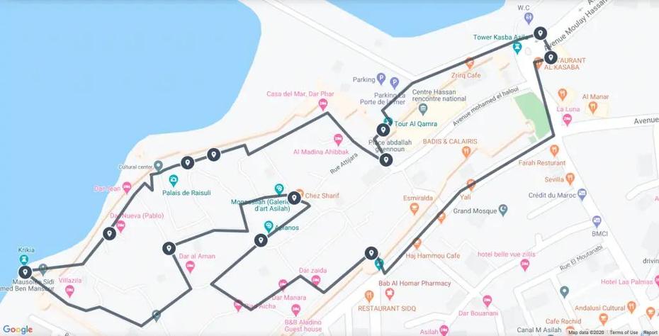 Map Of Asilah // Marked With Points Of Interest + Walking Routes (2020), Asilah, Morocco, Morocco Houses, Morocco Beaches