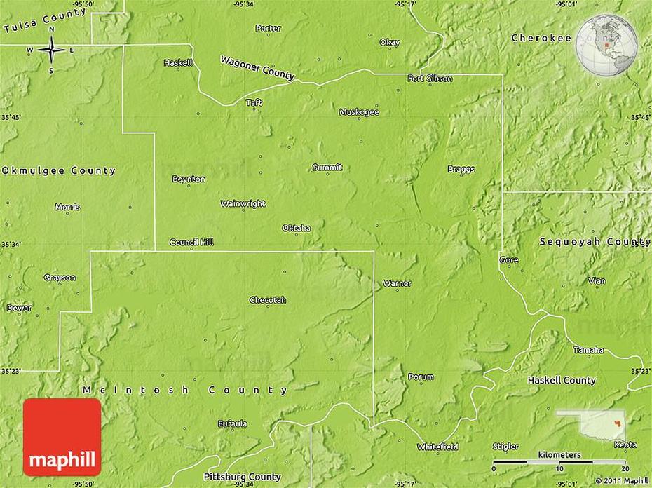 Physical Map Of Muskogee County, Muskogee, United States, State Of Muskogee, Of Muskogee Oklahoma