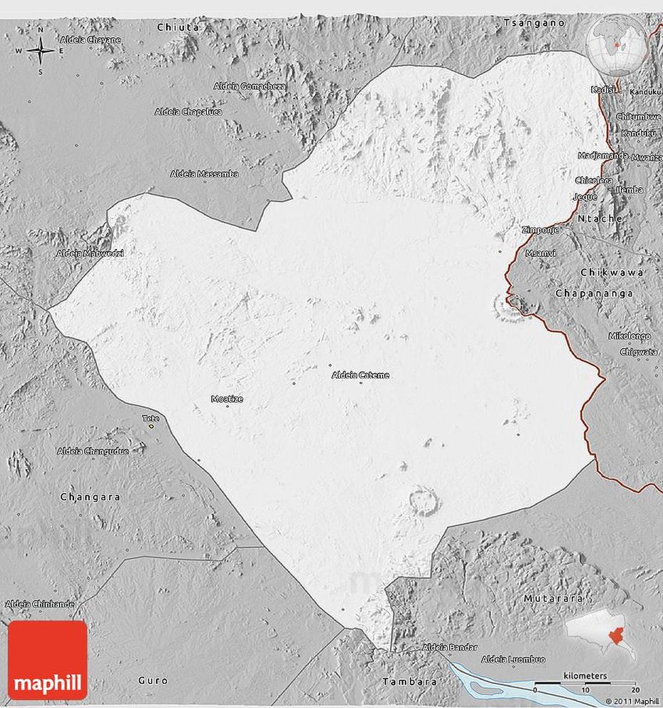 Gray 3D Map Of Moatize, Moatize, Mozambique, Mozambique Channel, Manica Mozambique