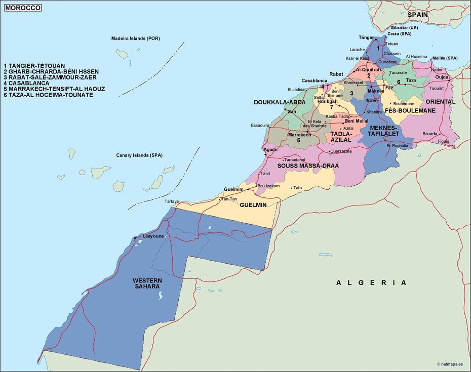 Morocco  With Cities, Morocco World, Morocco Political, Mnasra, Morocco