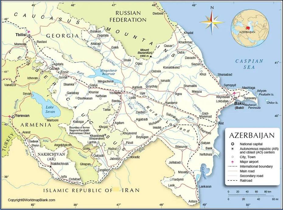 Labeled Map Of Azerbaijan With States, Capital & Cities, İMişli, Azerbaijan, Baku Azerbaijan  World, Azerbaijan  Outline