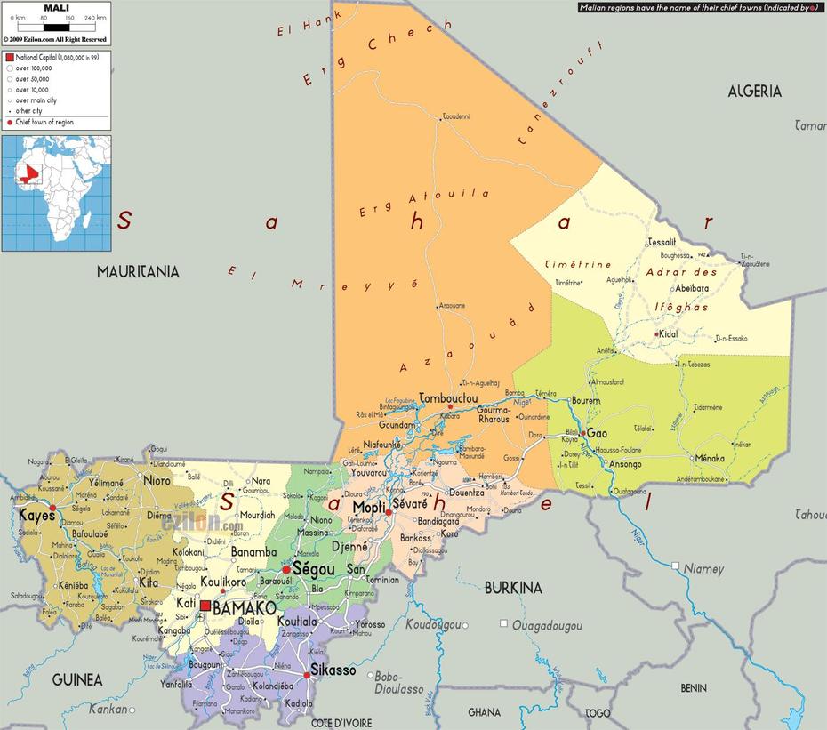 Detailed Political Map Of Mali – Ezilon Maps, Sibi, Mali, Timbuktu Mali, Mali Capital