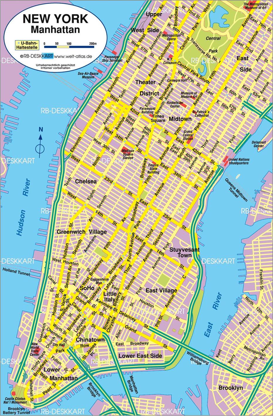 Map Of New York, Manhattan (City In United States) | Welt-Atlas.De, Manhattan, United States, United States Travel, United States  Large Wall