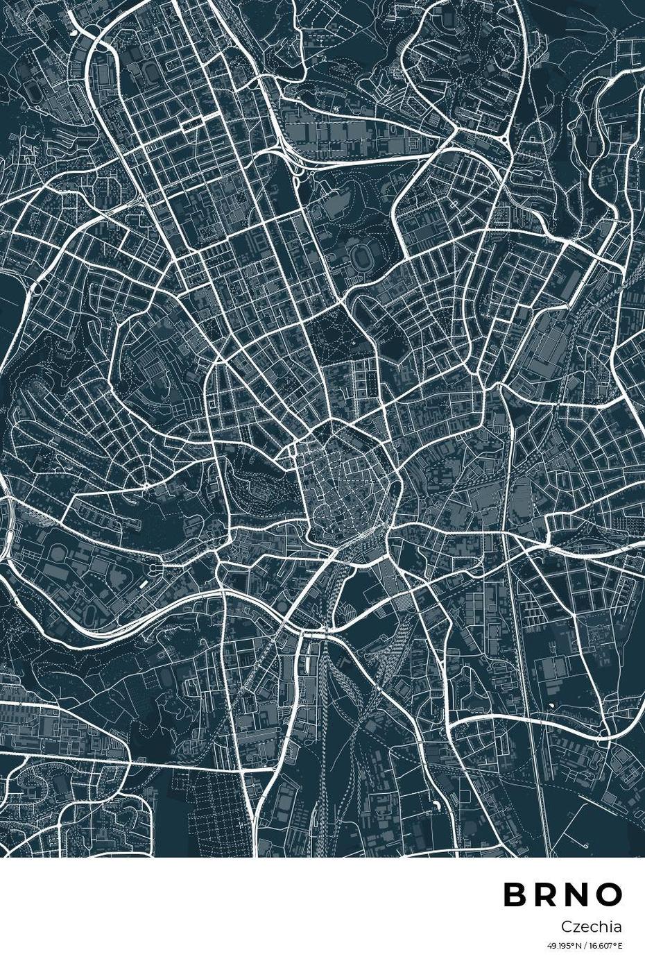 Custom City Map Poster Of Brno, Czechia In Black And White. | Map …, Brno, Czechia, Brno South Moravian Region, Cz Brno