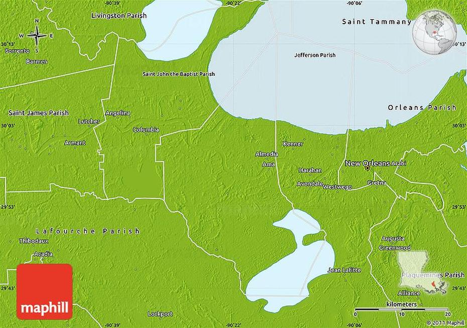 Physical Map Of Saint Charles Parish, St. Charles, United States, St. Charles Missouri, St. Charles Illinois