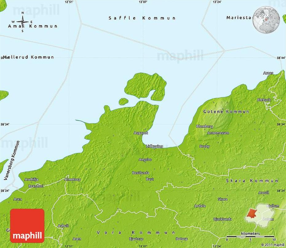 Physical Map Of Lidkoping Kommun, Lidköping, Sweden, Southern Sweden, Uppsala Sweden