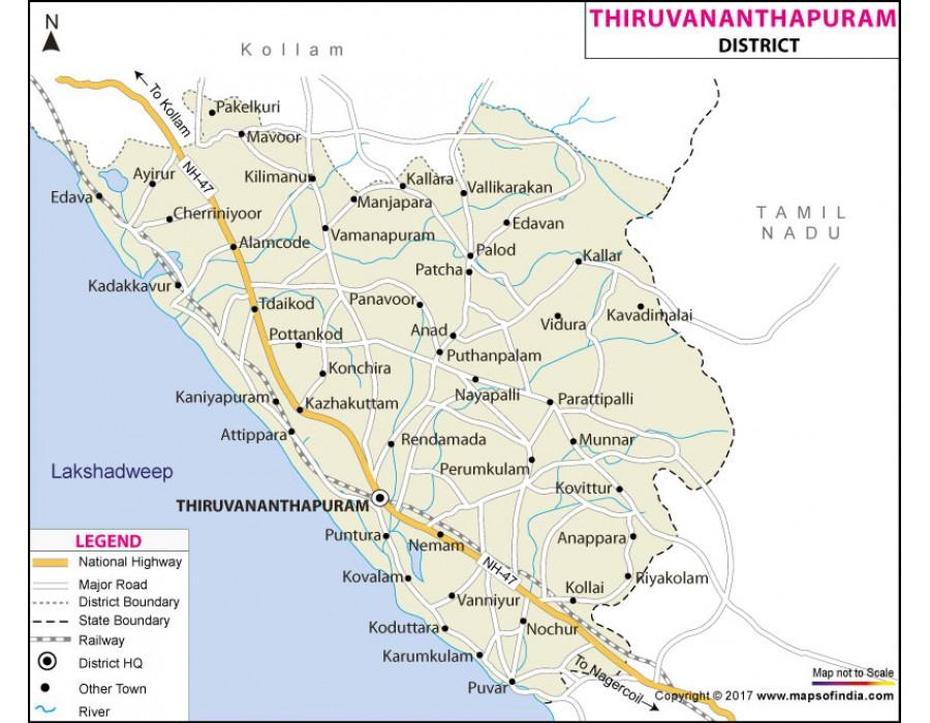 Buy Thiruvananthapuram District Map Online, Thiruvananthapuram, India, Cochin India, India  Satellite View