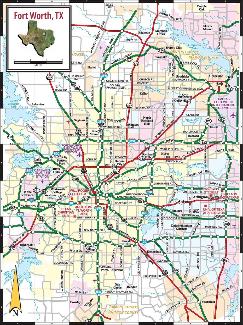 Fort Worth Road Map, Fort Worth, United States, Fort Worth  Printable, Fort Worth City