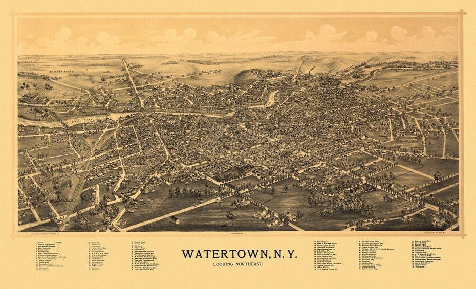 Antique Map Of Watertown New York 1891 Jefferson County | Birds Eye …, Watertown Town, United States, Watertown City, Watertown Sd