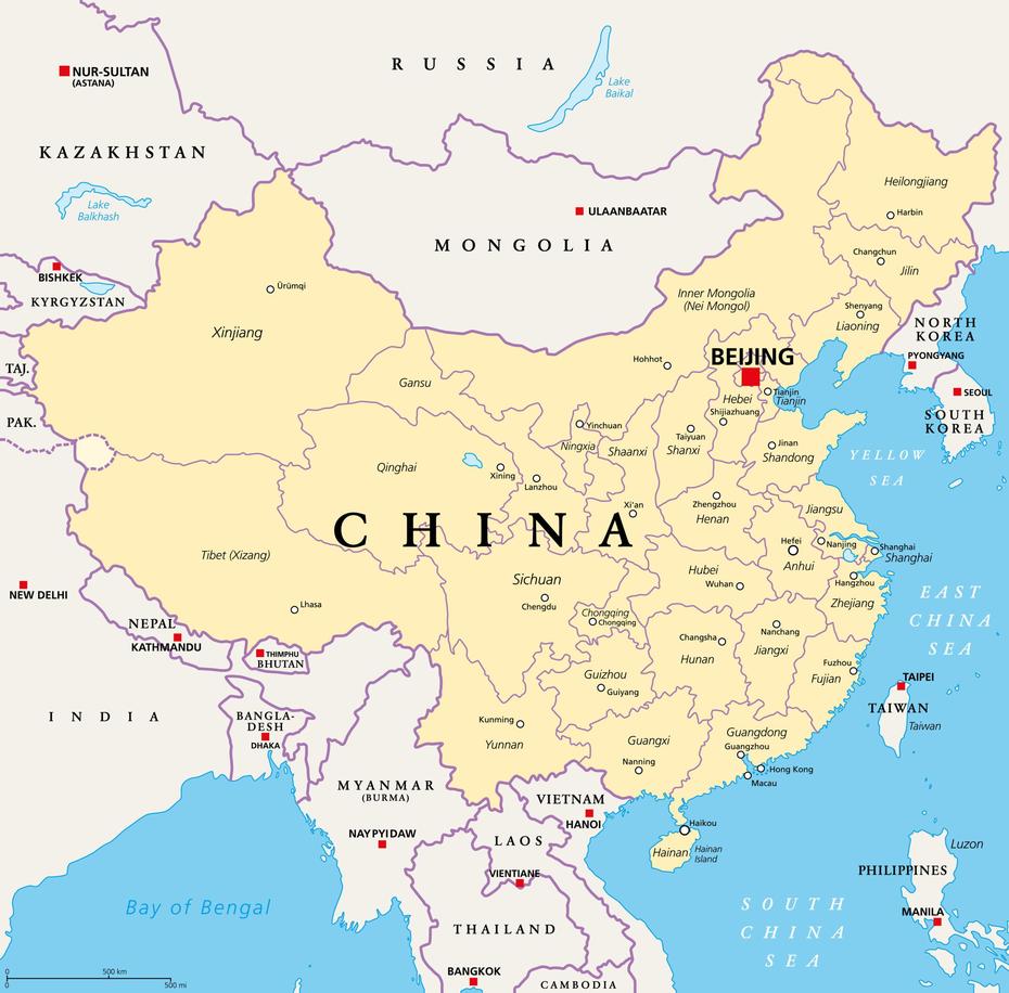 Of China With Cities, China On  Of World, China, Fengguangcun, China
