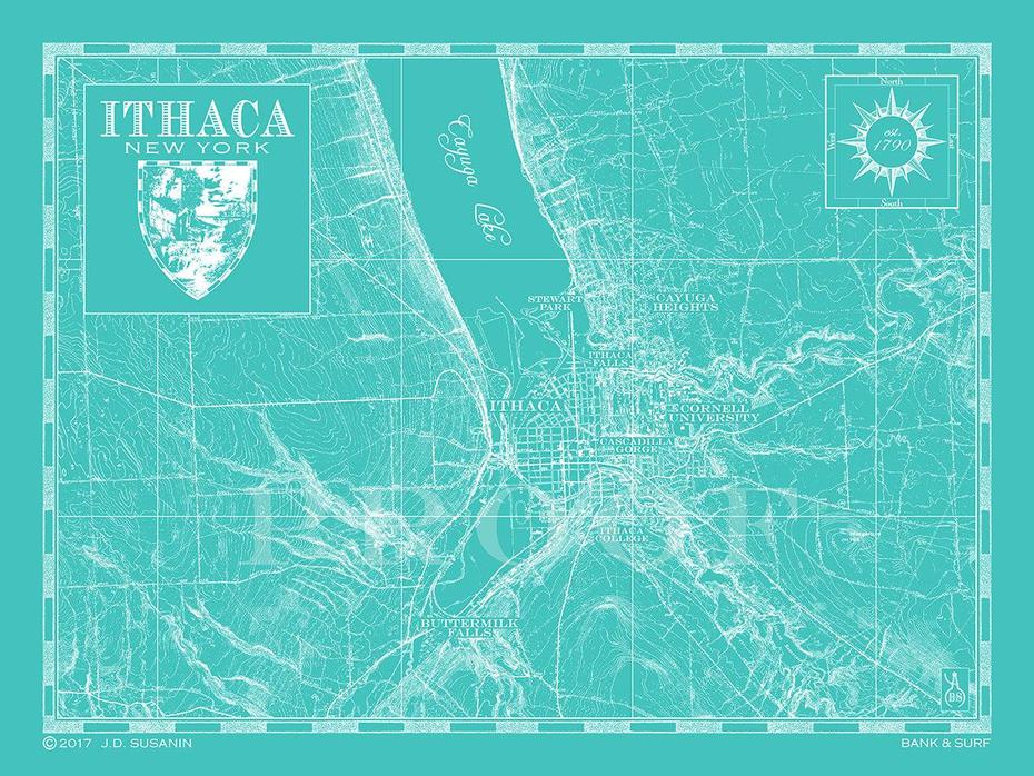 Map Of Ithaca, Ny | Custom Maps | Bank And Surf, Ithaca, United States, Cayuga Lake, Ithaca Waterfalls