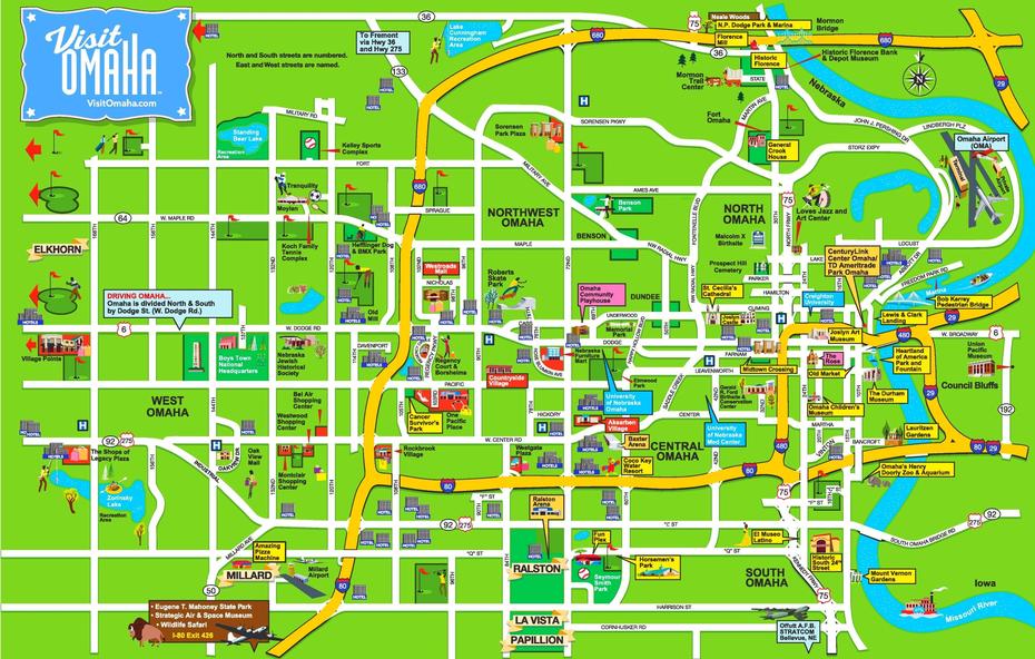 Omaha Hotels And Sightseeings Map, Omaha, United States, Omaha Nebraska State, Omaha Ne