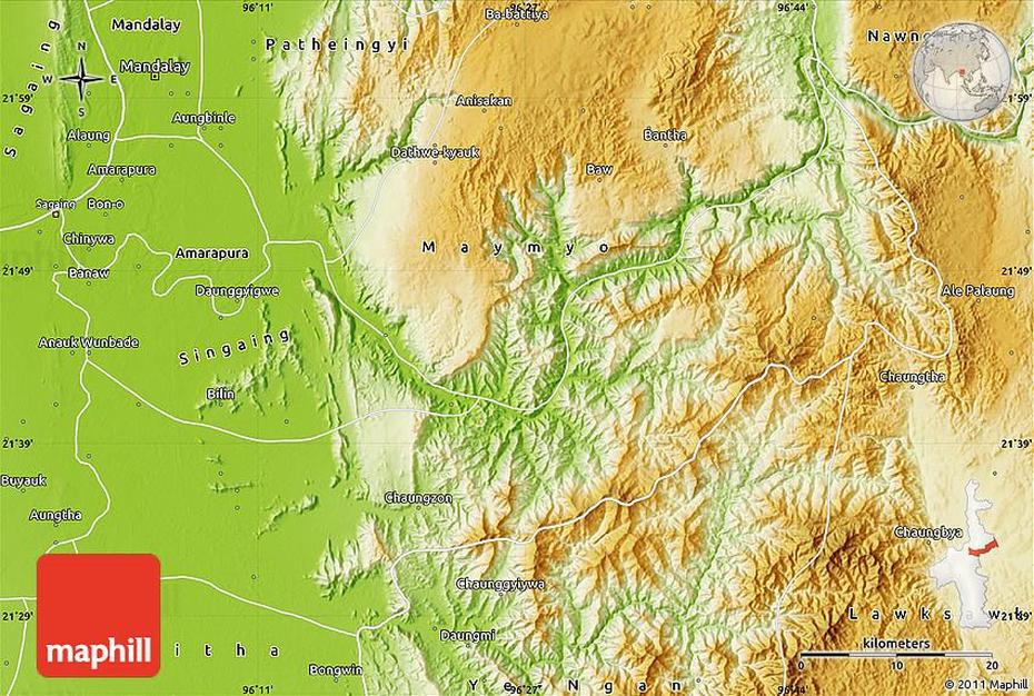 Physical Map Of Kyaukse, Kyaukse, Myanmar, Myanmar Burma, Mandalay Myanmar