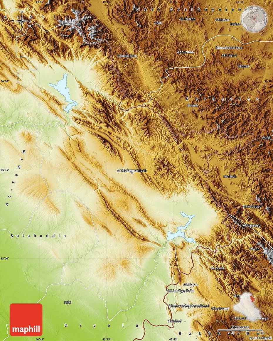 Physical Map Of Sulaymaniyah, As Sulaymānīyah, Iraq, Basra Iraq, Slemani  City