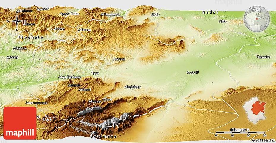 Physical Panoramic Map Of Taza, Taza, Morocco, Casablanca Morocco, Lixus