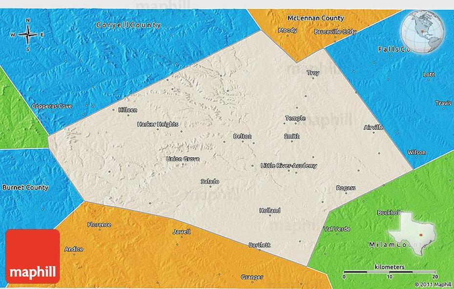 Shaded Relief 3D Map Of Bell County, Political Outside, Bell, United States, Bell, United States