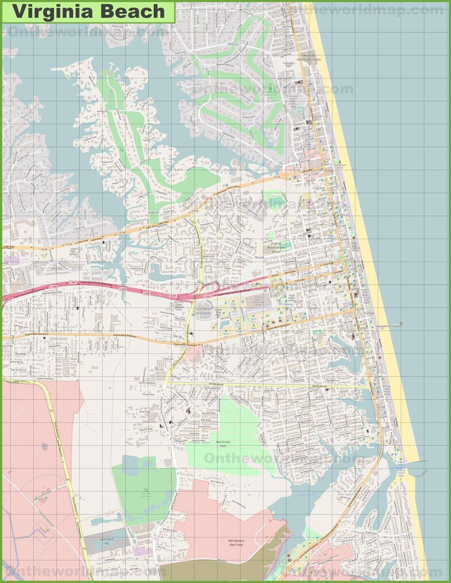 Large Detailed Map Of Virginia Beach, Virginia Beach, United States, Usa  United States, Capital Of Virginia