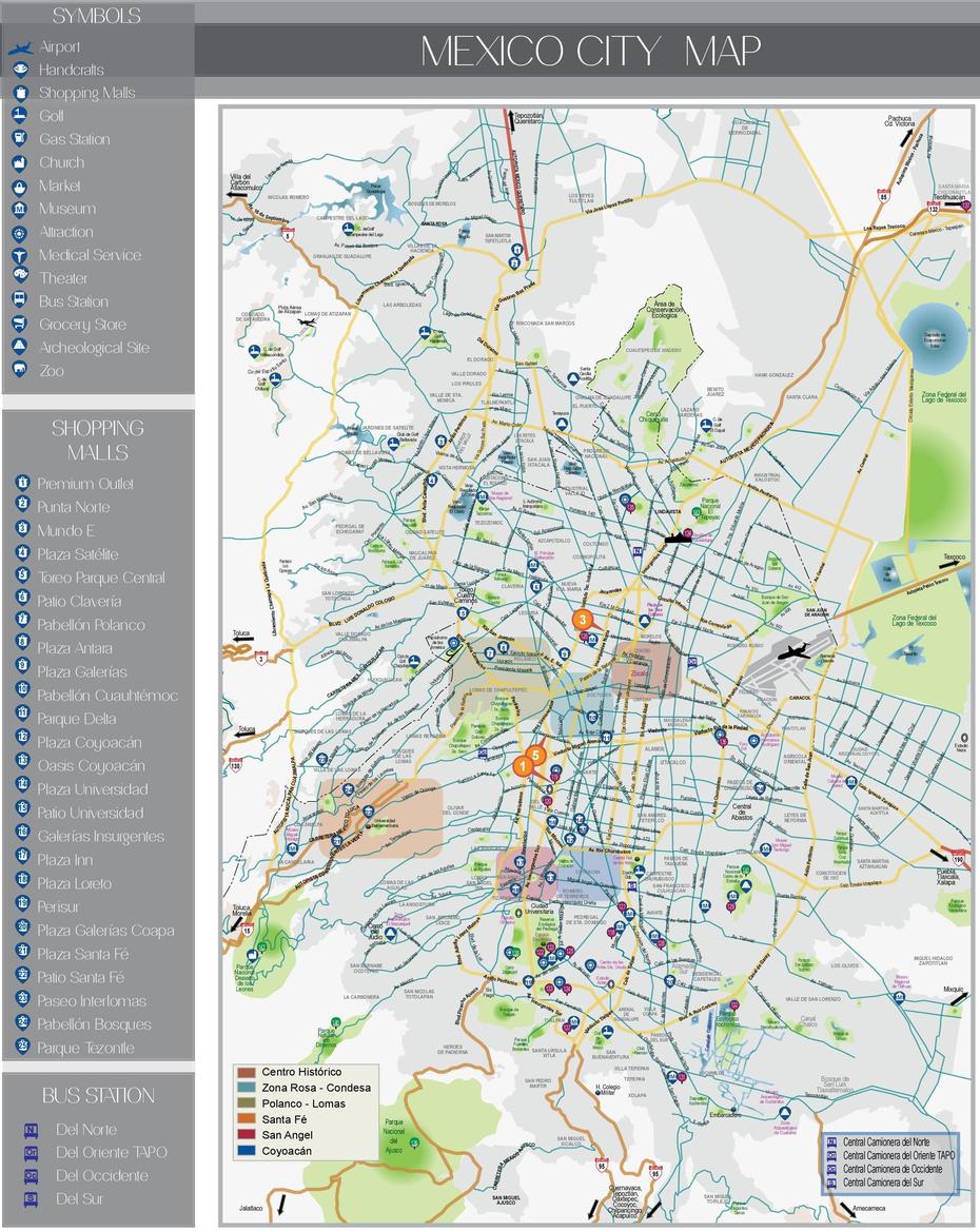 Mexico City Tourist Map – Mexico City Attractions Map (Mexico), Turicato, Mexico, America Mexico, Highway  Of Mexico