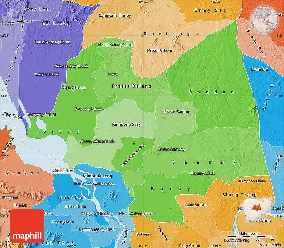 Political Shades Map Of Kampong Thom, Kampong Thom, Cambodia, Stung Treng Cambodia, Ratanakiri