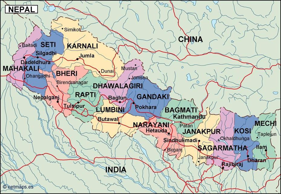 Nepal Political Map. Eps Illustrator Map | Vector Maps, Khā̃Dbāri̇̄, Nepal, Kathmandu, Road  Of Nepal