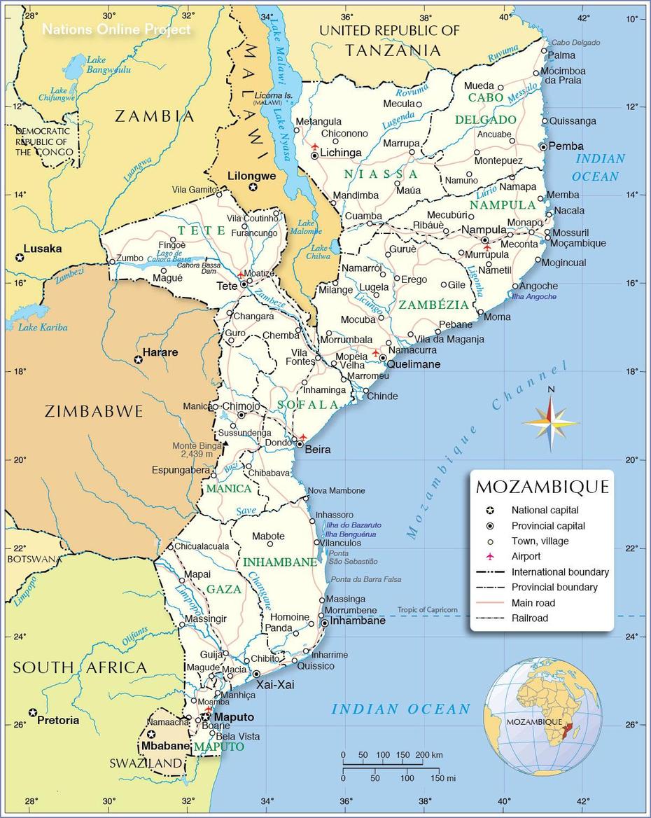 Political Map Of Mozambique – Nations Online Project, Beira, Mozambique, Mozambique River, Tete Mozambique