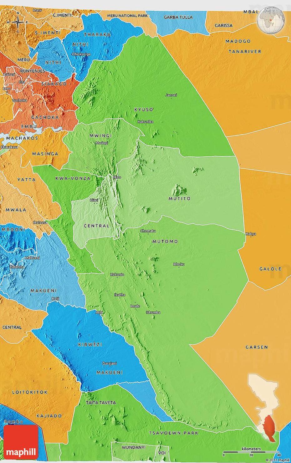 Political Shades 3D Map Of Kitui, Kitui, Kenya, Kenya Physical, Nzambani  Rock