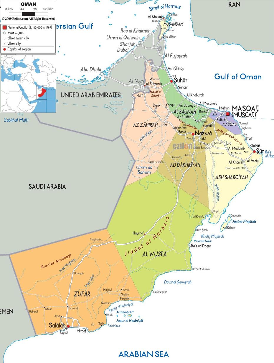 Detailed Political Map Of Oman – Ezilon Maps, Izkī, Oman, Oman Village Images, كونان