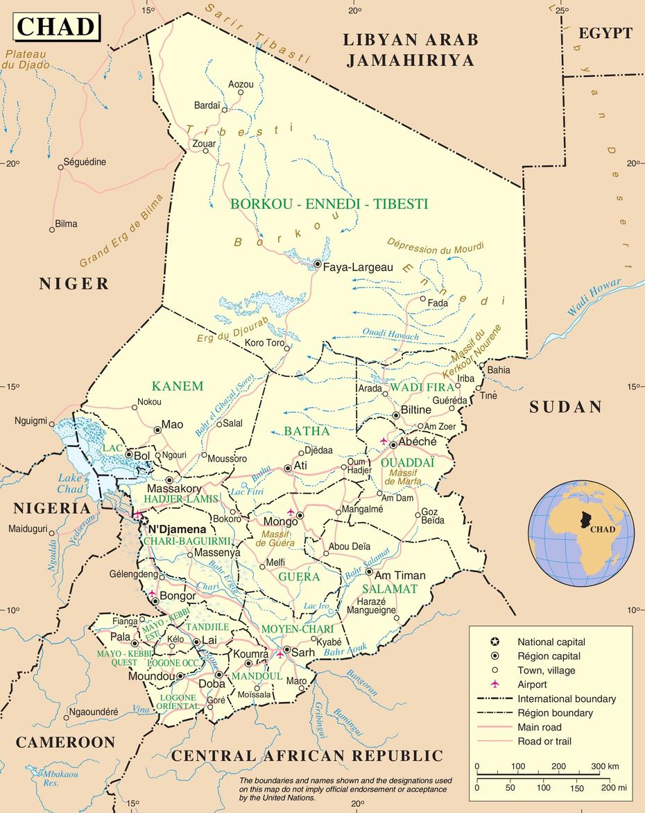 Large Detailed Road Map Of Chad, Koumra, Chad, Chad Country, Chad World