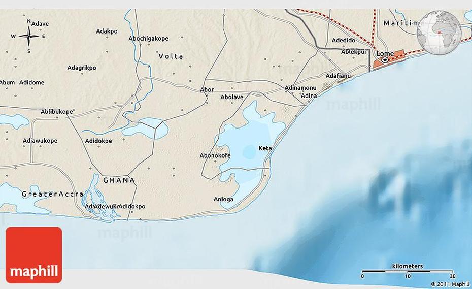 Shaded Relief 3D Map Of Anloga, Anloga, Ghana, Keta Ghana, Accra- Kumasi