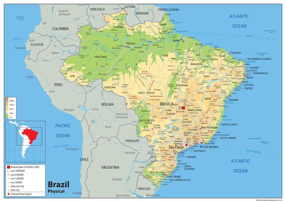 Brazil Physical Map  Tiger Moon, Ibaté, Brazil, Ibaté, Brazil