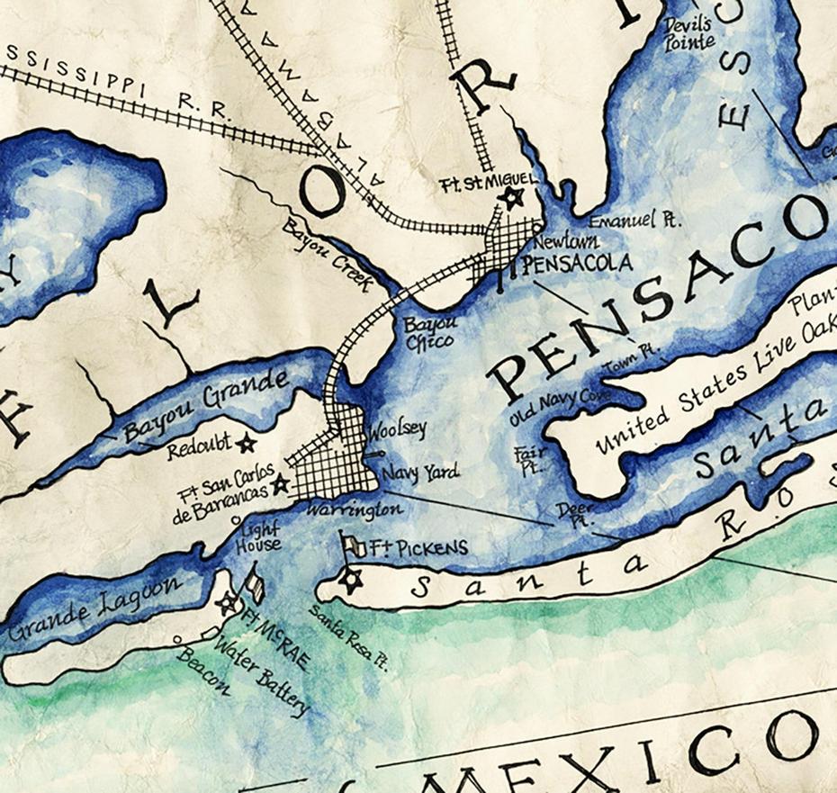 Pensacola Bay Map C. 1860 Pensacola Florida Maps Pensacola – Etsy, Pensacola, United States, Daytona State College, Printable  Of Pensacola Florida