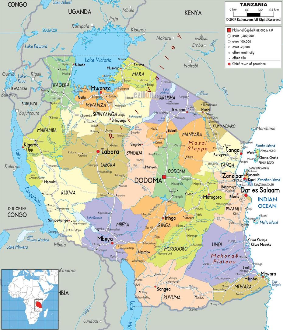 Political Map Of Tanzania | Cities And Towns Map, Geiro, Tanzania, Tanzania Cities, Tanzania On World